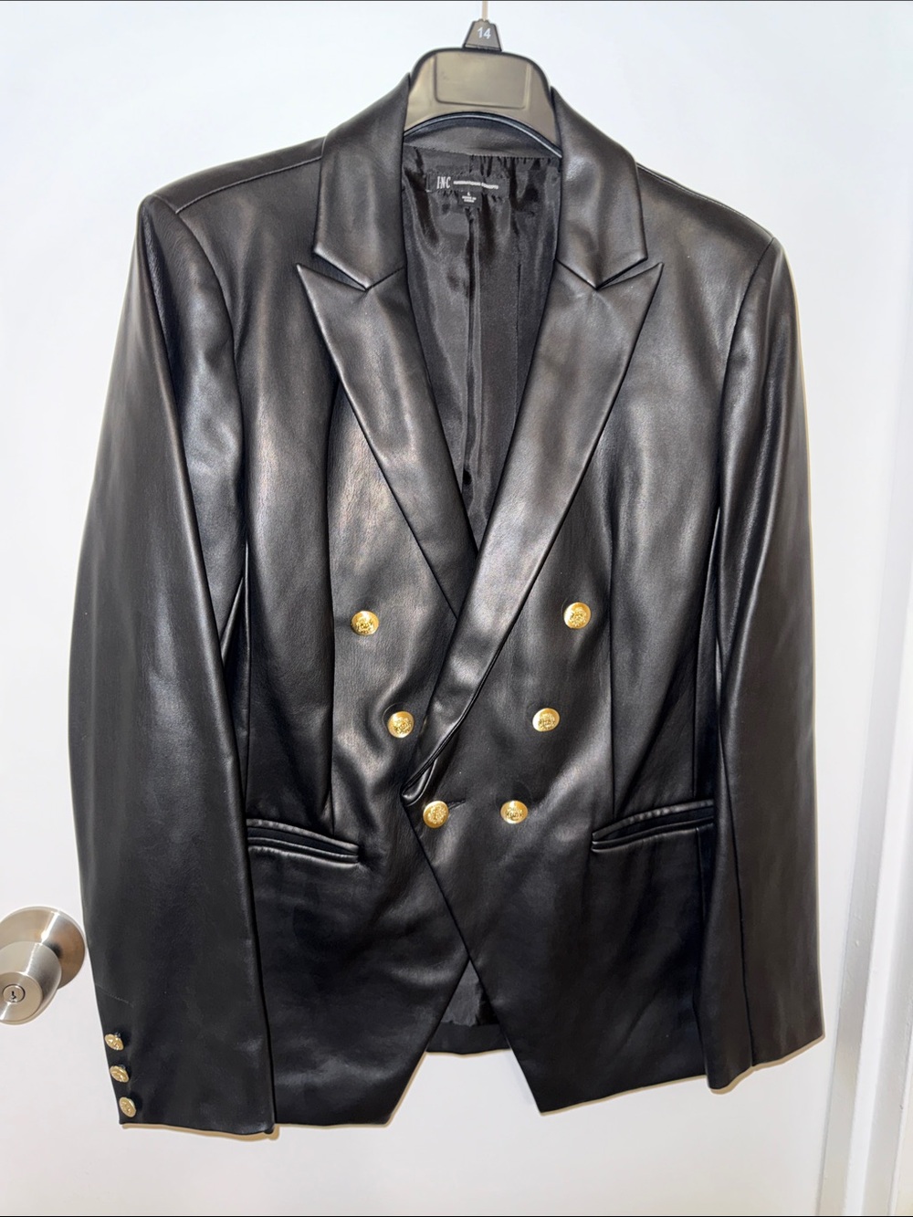 Black Double-Breasted Faux Leather Blazer with Gold Buttons